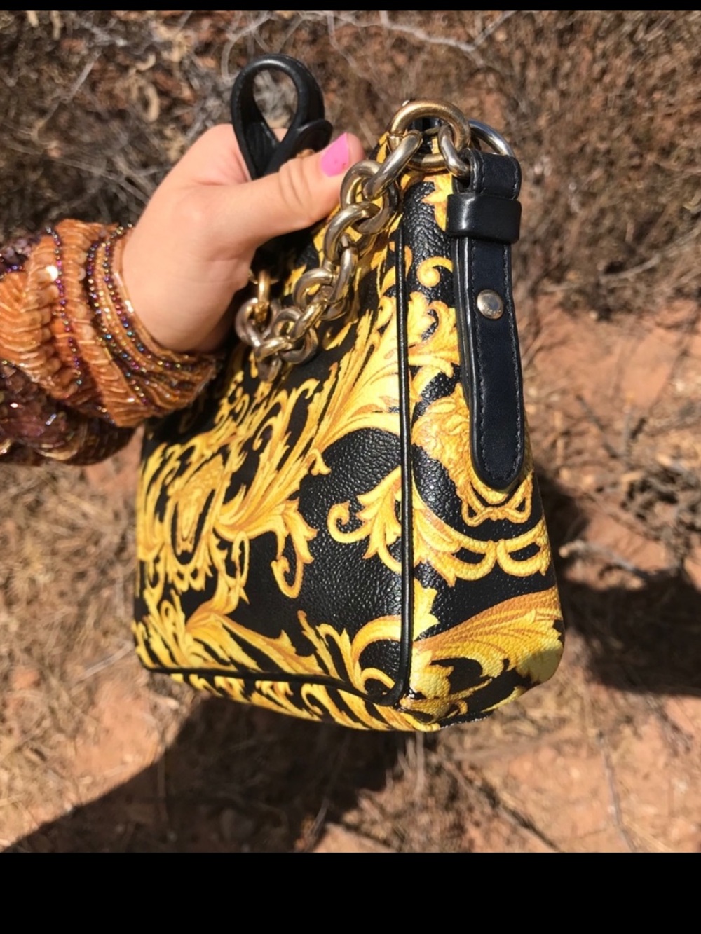 Vintage Versace Black and Gold Baroque Print Shoulder Bag - Picture 3 of 8
